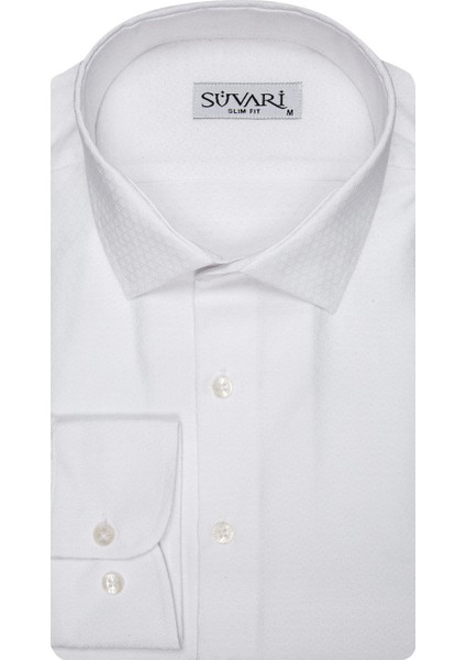 Antibakteriyel Slim Fit Armür Desenli Beyaz Erkek Gömlek
