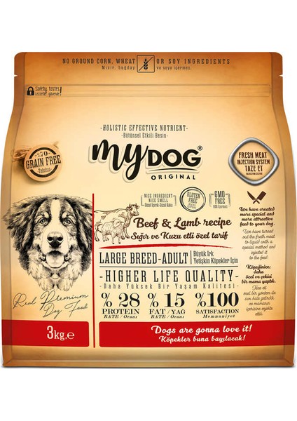 Mydog %70 Tahılsız Sığır ve Kuzu Etli Özel Tarif (3kg) Large Breed-Büyük Irk Yetişkin Köpek Maması