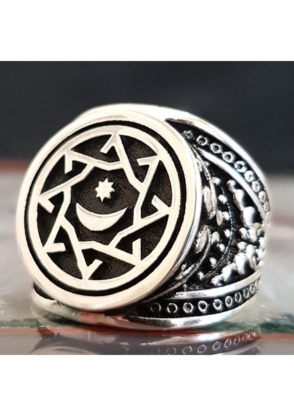 925 Ay Yıldız Motifli Padişah Kasa Gümüş Erkek Yüzük
