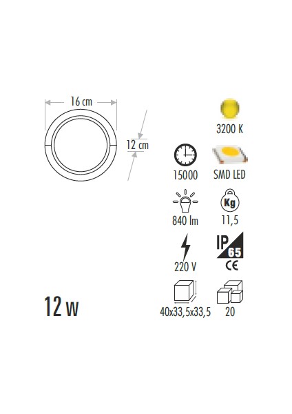 12W Bahçe Armatür S/ü LED Aplik 3200K Günışığı CT-7073