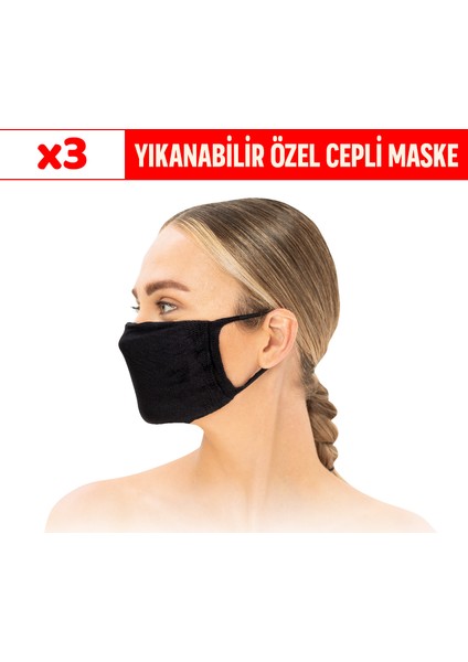 2 Katlı Cepli Yıkanabilir Antibakteriyel Maske 3 Adet Siyah