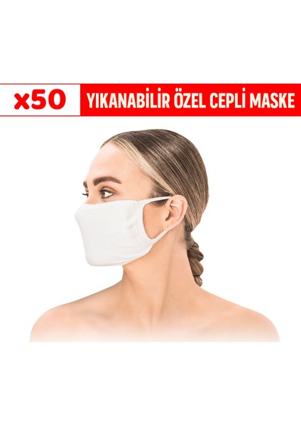 2 Katlı Cepli Yıkanabilir Antibakteriyel Maske 50 Adet Beyaz