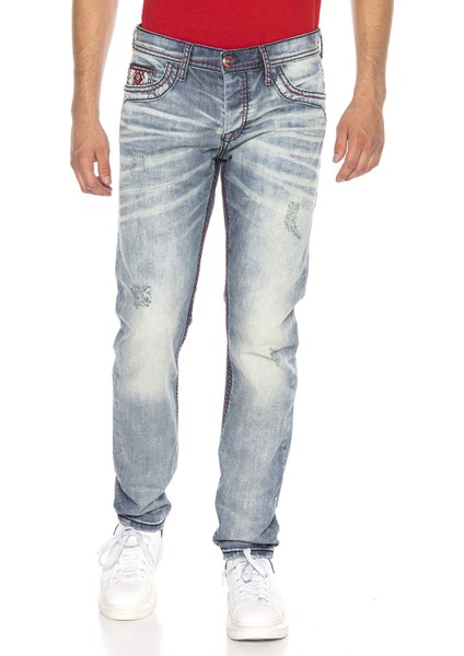 CD612 Açık Mavi Kırmızı Cep Detay Straight Fit Erkek Jeans