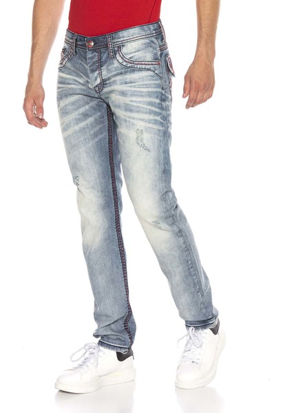 CD612 Açık Mavi Kırmızı Cep Detay Straight Fit Erkek Jeans