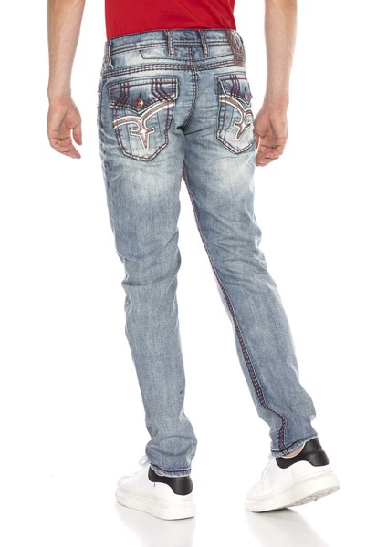 CD612 Açık Mavi Kırmızı Cep Detay Straight Fit Erkek Jeans