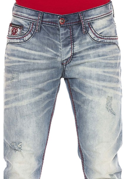 CD612 Açık Mavi Kırmızı Cep Detay Straight Fit Erkek Jeans