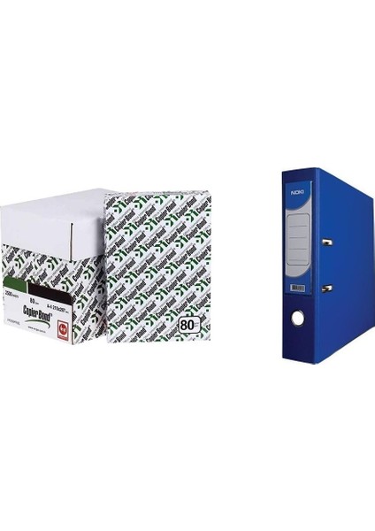 Ve-Ge Copier Bond A4 80 G/Mâ² 2.500 Ad. Fotokopi Kağıdı (5'Li Paket) + Noki Çıtalı Plastik Geniş Klasör 10'Lu Kutu Mavi