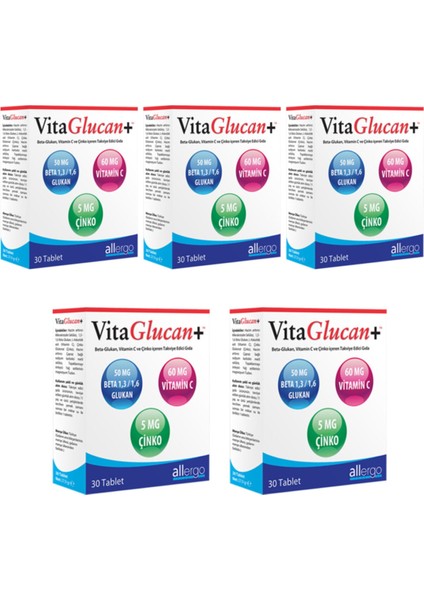 5 Adet Vitaglucan+ 30 Tablet | Beta Glukan + Vitamin C + Çinko