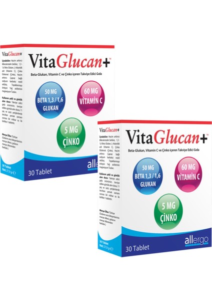 2 Adet Vitaglucan+ 30 Tablet | Beta Glukan + Vitamin C + Çinko