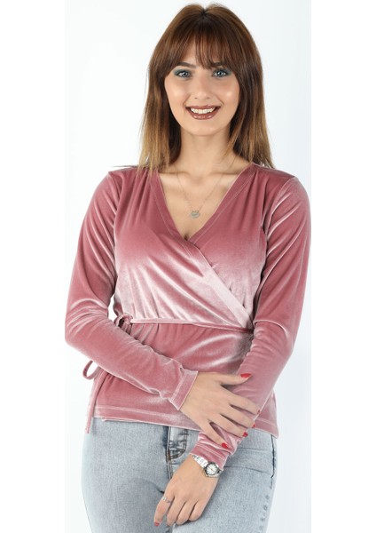 Beli Bağlamalı Kadife Bluz Pembe