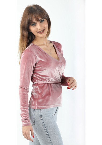 Beli Bağlamalı Kadife Bluz Pembe