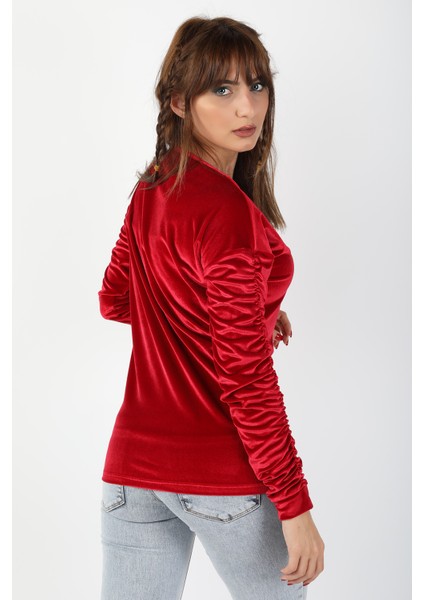 Kol Büzgülü Kadife Bluz Kırmızı modelleri