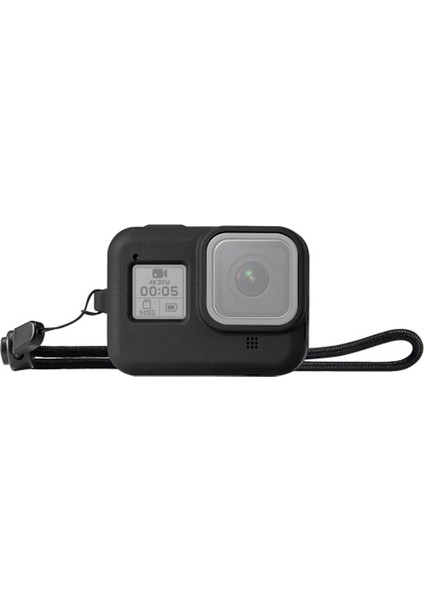 PU428B Gopro Hero8 Uyumlu Silikon Koruma Kılıfı+Wrist Strap AL-32889 Siyah