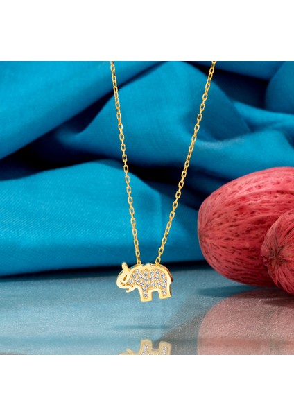 Gümüş Kolye Swarovskı Taşlı Fil Temalı Altın Kaplama Kadın Kolye