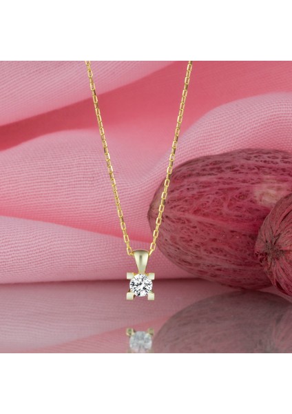 Gümüş Kolye Swarovskı Taşlı Tektaş Altın Kaplama Kadın Kolye