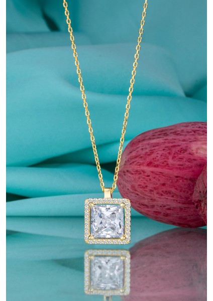 Gümüş Kolye Original Swarovskı Kare Taşlı Fantezi Altın Kaplama Kadın Kolye