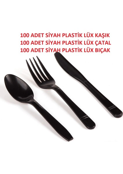 Siyah Plastik Lüx Kaşık - Çatal - Bıçak 100'LÜ