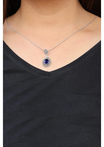 Safir Taşlı Elips Model Oksitli Telkari Gümüş Kolye modelleri