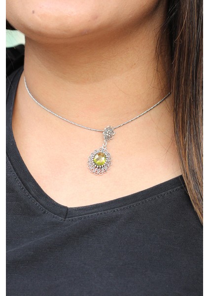 Yeşim Taşlı Elips Model Oksitli Telkari Gümüş Kolye modelleri