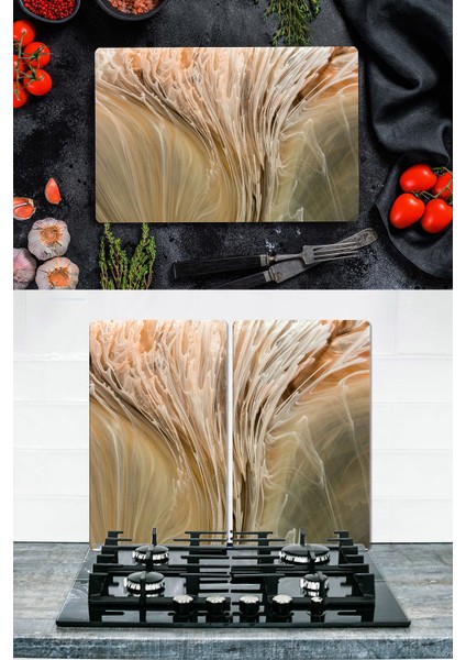 Takım Halinde Açık Dalga 20X30 cm Kesme Tablası ve 60X52CM Cam Ocak Koruyucu 4'lü Ocaklar