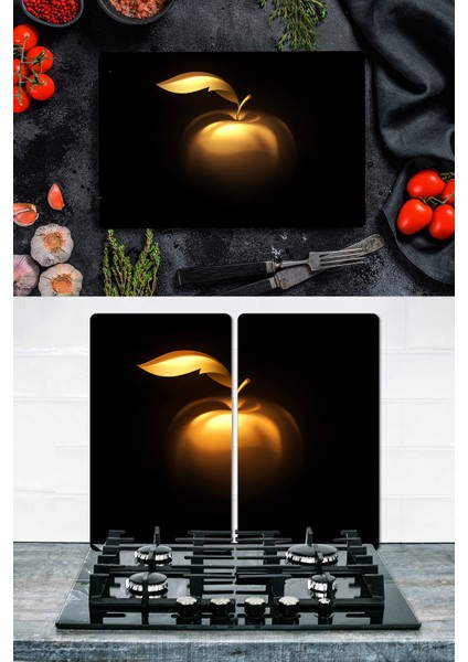 Takım Halinde Altın Elma 20X30 cm Kesme Tablası ve 60X52CM Cam Ocak Koruyucu 4'lü Ocaklar