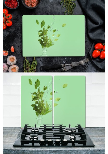 Takım Halinde Nane 20X30 cm Kesme Tablası ve 60X52CM Cam Ocak Koruyucu 4'lü Ocaklar