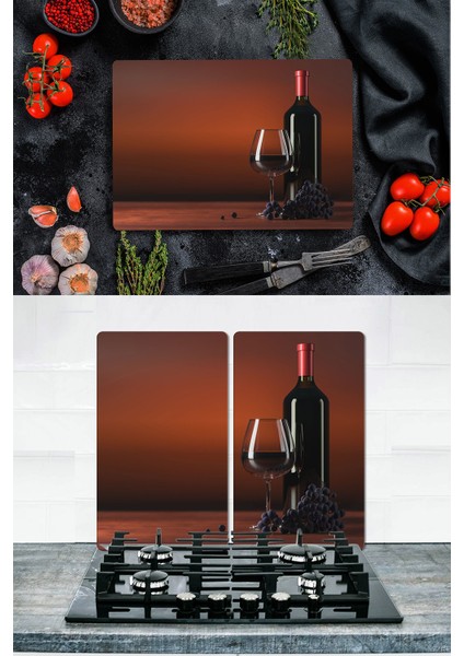Takım Halinde Üzüm Şarabı 20X30 cm Kesme Tablası ve 60X52CM Cam Ocak Koruyucu 4'lü Ocaklar