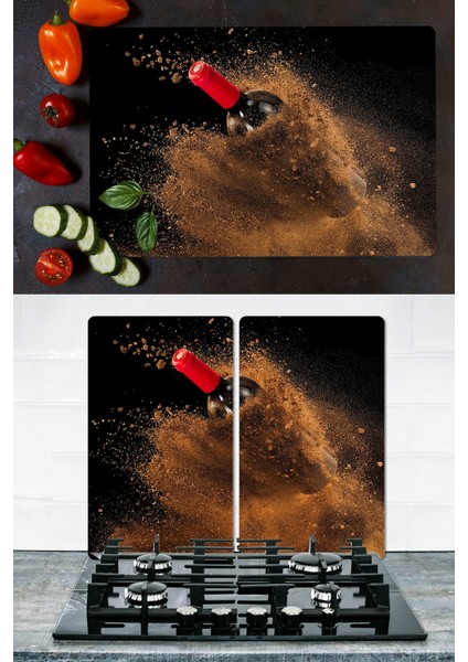 Takım Halinde Kum Şarabı 20X30 cm Kesme Tablası ve 60X52CM Cam Ocak Koruyucu 4'lü Ocaklar