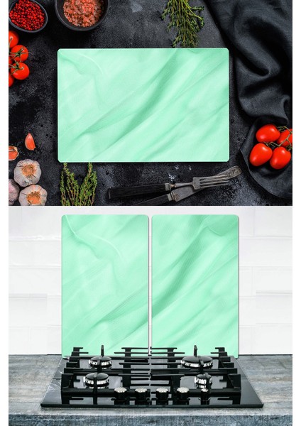 Takım Halinde Su Yeşili 20X30 cm Kesme Tablası ve 60X52CM Cam Ocak Koruyucu 4'lü Ocaklar