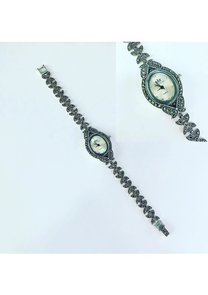 Gümüş Markazit Taşlı Oval Saat