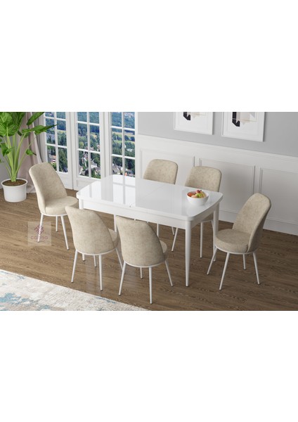 Concept Zen Serisi Mdf Açılabilir Mutfak Masası Takımı-Yemek Masası Takımı Beyaz Masa+6 Sandalye
