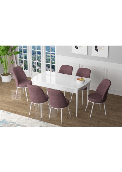 Concept Zen Serisi Mdf Açılabilir Mutfak Masası Takımı-Yemek Masası Takımı Beyaz Masa+6 Sandalye