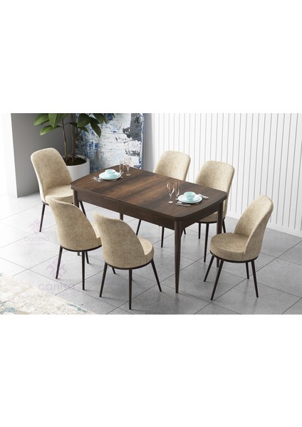 Concept Zen Serisi Mdf Barok Ahşap Desenli Açılabilir Mutfak Masa Takımı + 6 Sandalye