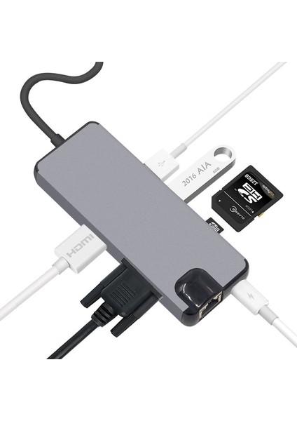 8in1 PD USB-C to HDMI VGA Ethernet SD Kart USB 3.0 Power Delivery Type-C Hub