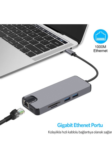 8in1 PD USB-C to HDMI VGA Ethernet SD Kart USB 3.0 Power Delivery Type-C Hub indirimleri