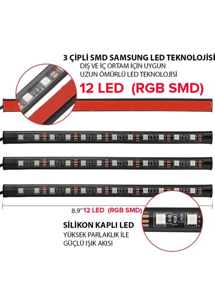 Araç Içi Ayak Altı Müziğe ve Sese Duyarlı Renkli Kumandalı 12 LED