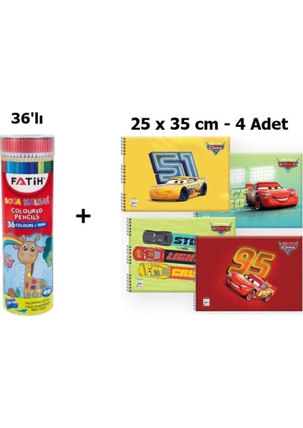 36'lı Metal Tüpte Kuruboya + Cars 25 x 35 cm Spiralli Resim Defteri 4'lü