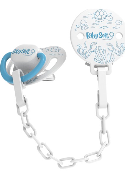 Mavi Deniz Desenli Emzik Askısı & Damak Uçlu Emzik 0 - 6 Ay