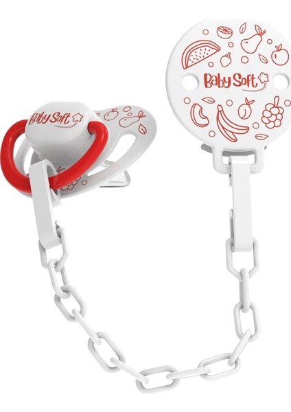 Kırmızı Meyve Desenli Emzik Askısı & Damak Uçlu Emzik 0 - 6 Ay