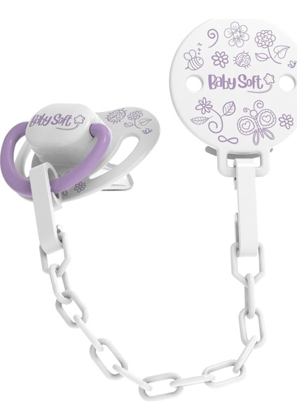 Lila Doğa Desenli Emzik Askısı & Damak Uçlu Emzik 6 - 18 Ay