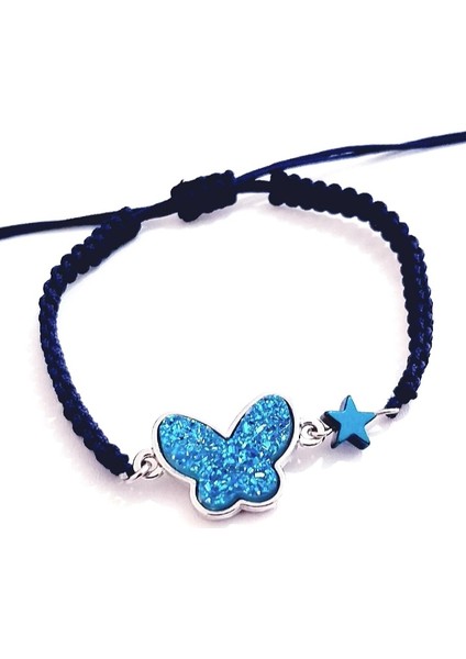 Koyu Mavi Hematit Yıldızlı Pırıltılı Mavi Kelebek Bileklik