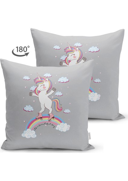 Çift Taraflı Gri Zeminde Unicorn At Desenli Çocuk Odası Süet Yastık Kırlent Kılıfı