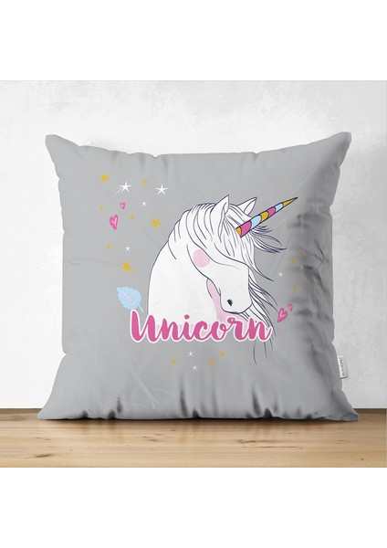 Çift Taraflı Gri Zeminli Unicorn At Desenli Özel Tasarım Çocuk Odası Süet Yastık Kırlent Kılıfı