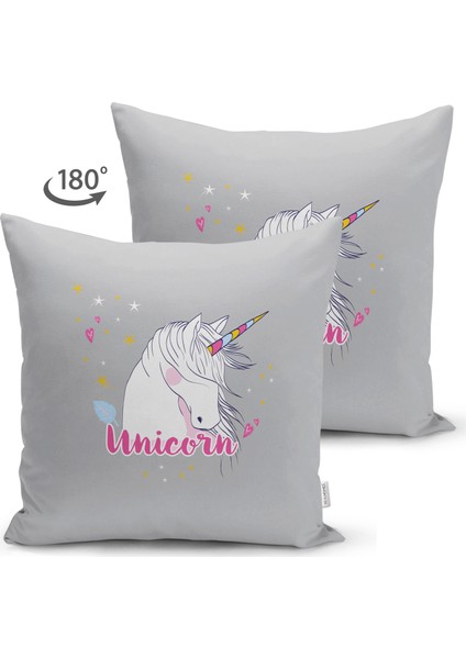 Çift Taraflı Gri Zeminli Unicorn At Desenli Özel Tasarım Çocuk Odası Süet Yastık Kırlent Kılıfı