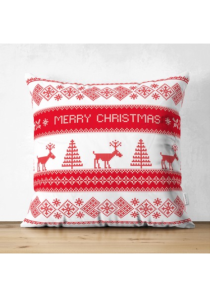 Çift Taraflı Merry Christmas Kanaviçe Görünümlü Geyikler Dijital Baskılı Süet Yastık Kırlent Kılıfı