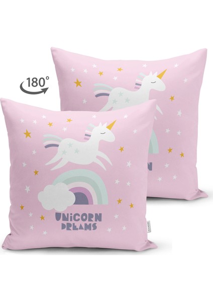 Çift Taraflı Unicorn Özel Tasarımlı At Motifli Çocuk Odası Süet Yastık Kırlent Kılıfı