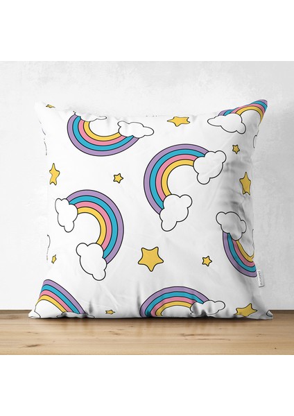 Çift Taraflı Beyaz Zeminde Unicorn Gökkuşağı Dijital Baskılı Modern Süet Kırlent Kılıfı