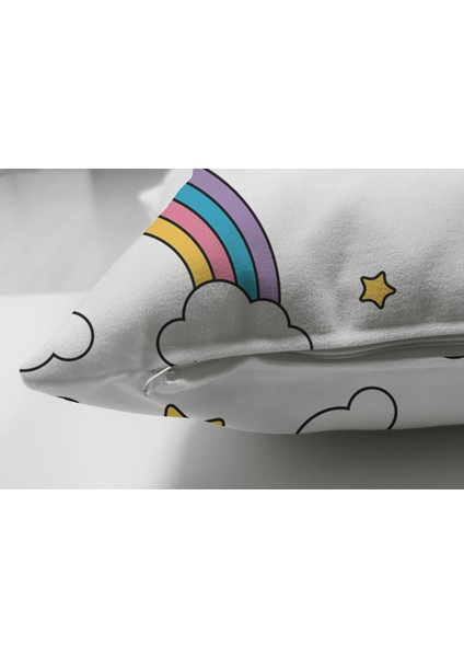 Çift Taraflı Beyaz Zeminde Unicorn Gökkuşağı Dijital Baskılı Modern Süet Kırlent Kılıfı