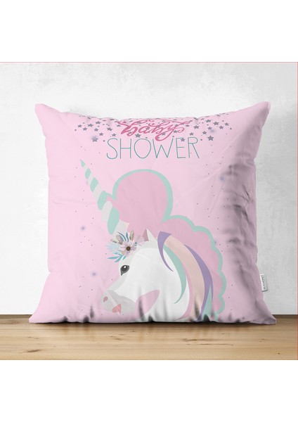 Çift Taraflı Baby Shower Unicorn At Tasarımlı Çocuk Odası Süet Yastık Kırlent Kılıfı