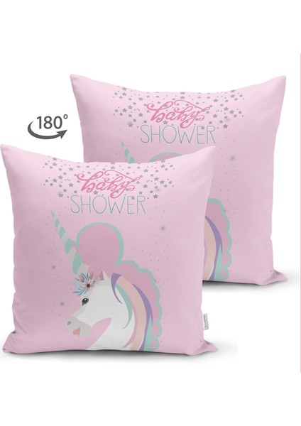 Çift Taraflı Baby Shower Unicorn At Tasarımlı Çocuk Odası Süet Yastık Kırlent Kılıfı
